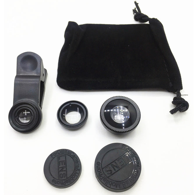 3-in-1 Wide-Angle Fisheye Macro Mobile Phone Lens - Black