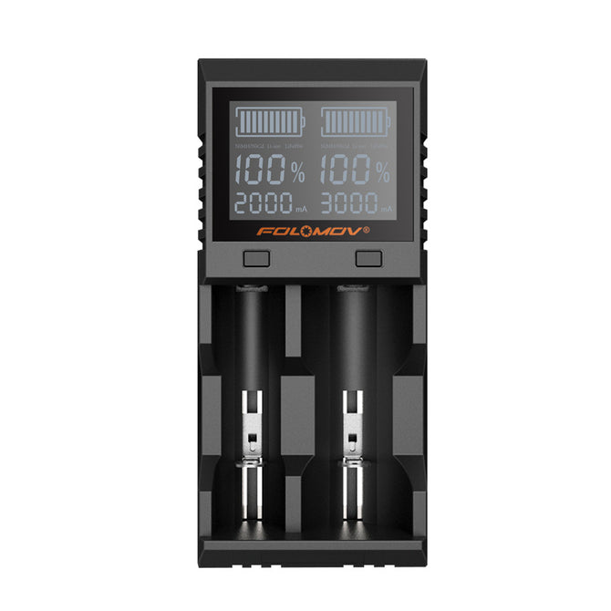 FOLOMOV A2 High Current Quick Charge Dual Slot Battery Charger w/ LCD Display - Black (EU Plug)
