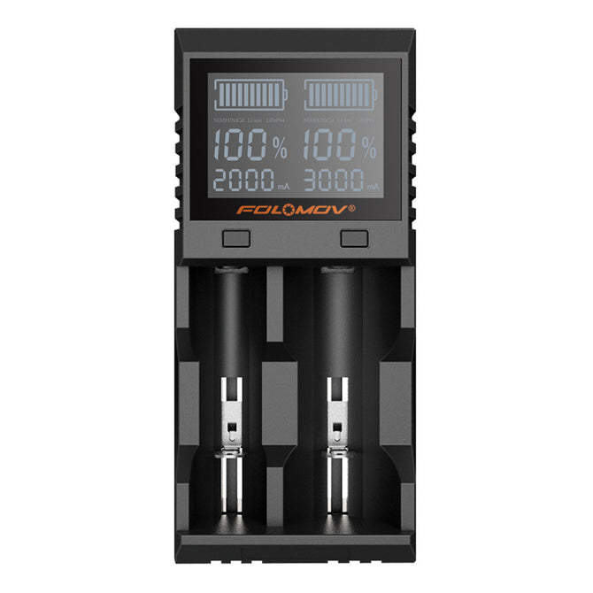 FOLOMOV A2 High Current Quick Charge Dual Slot Battery Charger w/ LCD Display - Black (US Plug)