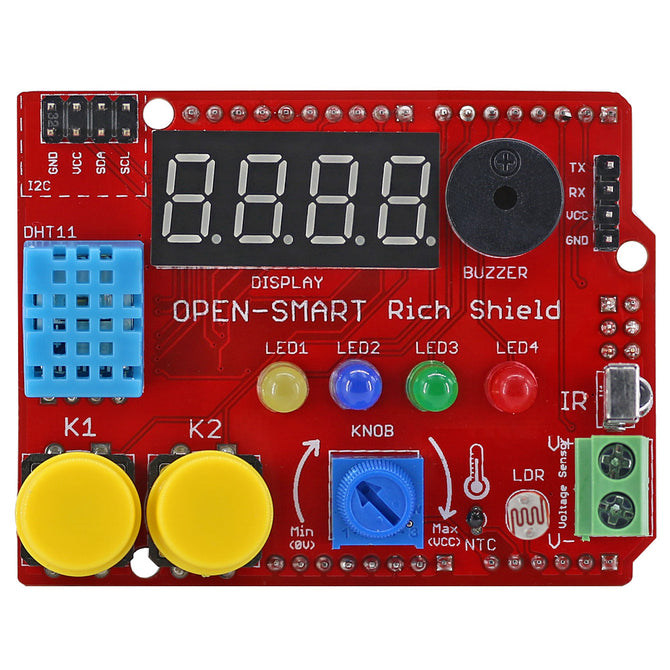 OPEN-SMART Rich Shield with Infrared Receiver LED Buzzer Button DHT11 Light Sensor Temperature Sensor Module for Arduino