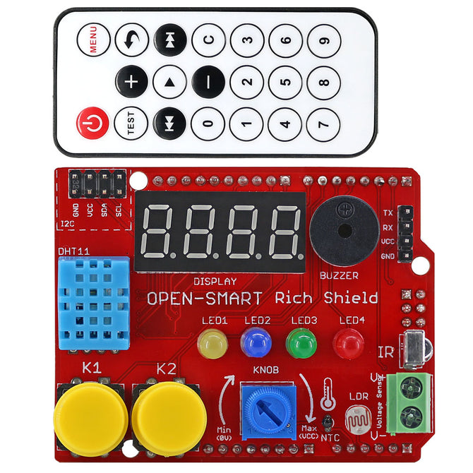 OPEN-SMART Rich Shield + IR Remote Control with Infrared Receiver LED Buzzer Button Light Sensor Temperature Sensor for Arduino