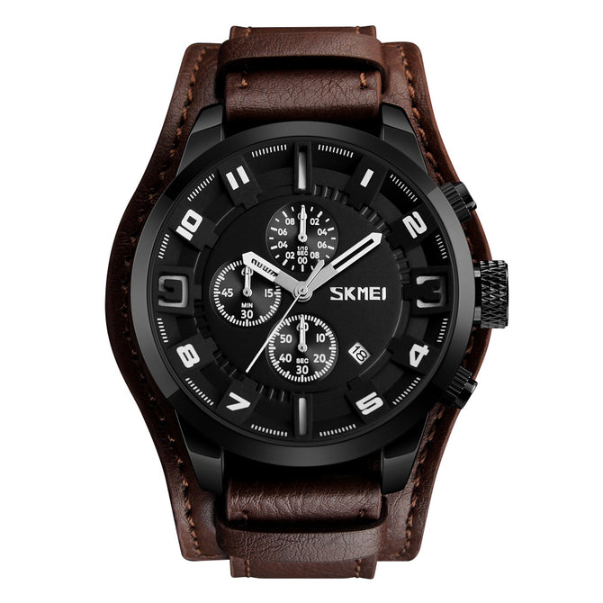 SKMEI 9165  Men's 30M Waterproof Leather Band Four Dials Quartz Watch w/ Calendar - White + Brown
