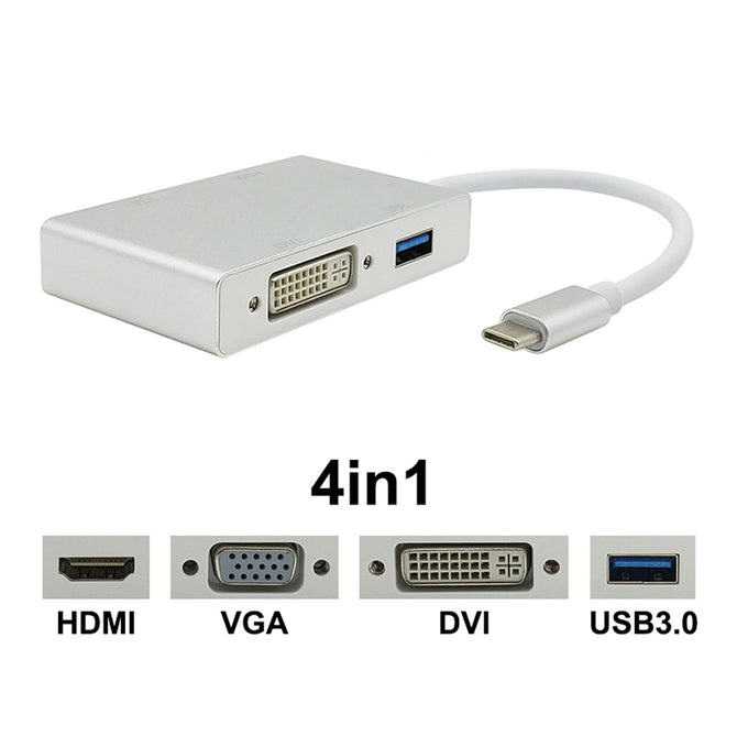 4-in-1 USB3.1 Type-C to VGA DVI HDMI 4K HD Cconverter Adapter Cable - Silver