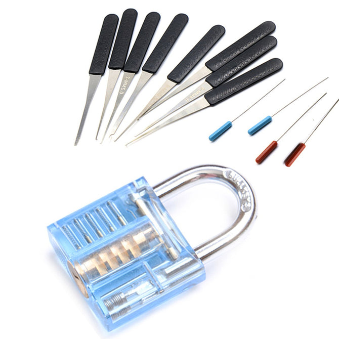 NAIERDI Transparent Visible Pick Cutaway Practice Padlock w/ Broken Key Removing Hooks, Lock Extractor Locksmith Tool Blue Set