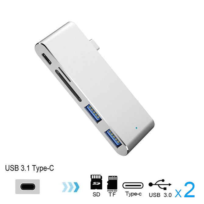 Cwxuan USB 3.1 Type-C to Type-C, USB 3.0 HUB, TF SD Card Reader with Charging Port Adapter - Silver