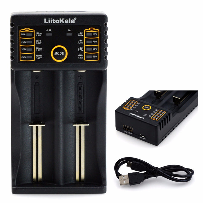 Liitokala Lii-202 18650 Charger AA AAA 1.2V 3.7V 3.2V 3.85V 26650 10440 14500 16340 25500 Nimh Lithium Battery Smart Charger USB cable/Black