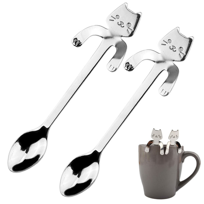 Stainless Steel Coffee & Tea Spoon Mini Cat Long Handle Creative Spoon Drinking Tools Kitchen Gadget Flatware Tableware 2PCS 2Pcs