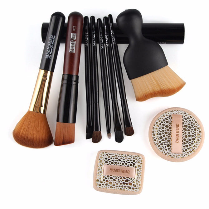 Practical Basic 10-in-1 Facial Cosmetic Tool Set with 8Pcs Facial Makeup Brushes and 2Pcs Shadow Powder Puff Suit Black