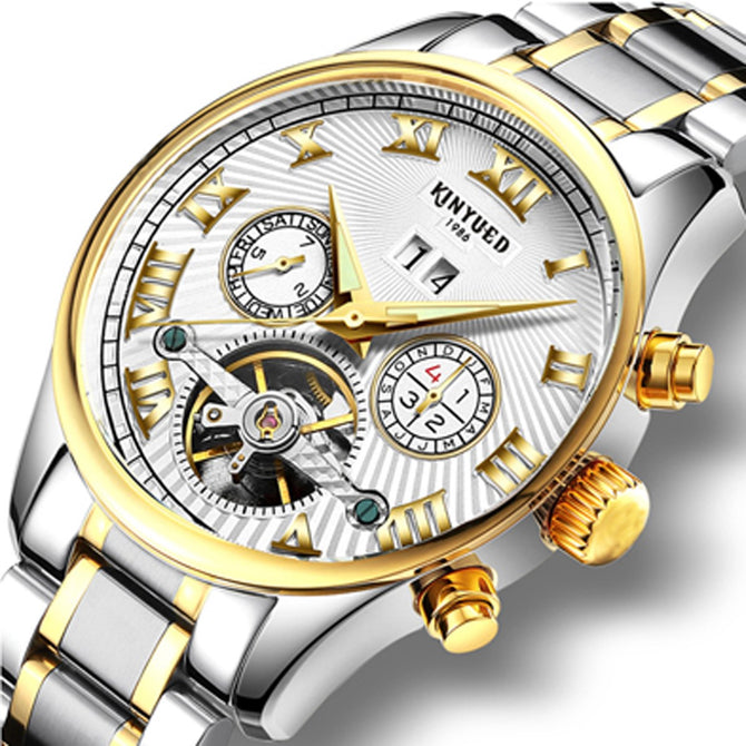 KINYUED Business Mechanical Watches Mens Skeleton Tourbillon Automatic Watch Men Gold Steel Calendar Waterproof Relojes Hombre White Silver Band