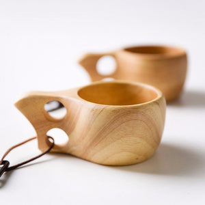 Finland Kuksa Portable Coffee Mug, Juice Milk Cup with Rubber Wooden Handle, Two-Hole Cowhide Rope Hook Wood
