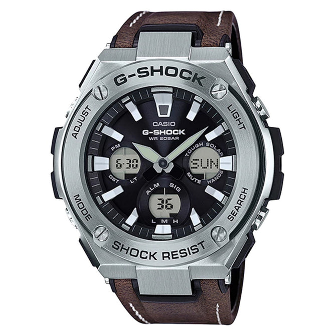 Casio G-Shock GST-S130L-1A Tough Leather Watch - Silver + Dark Brown