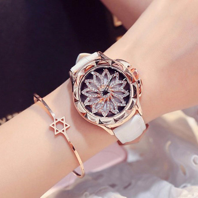 Crystal Rhinestone Dial Women Lady Rotation Dress Watch with Real Leather Band, Big Round Dial Bracelet Wristwatch White