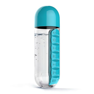 Portable Unqiue Eco-Friendly 600ML Plastic Water Bottle with Lid, Daily Pill Box Organizer Drinking Bottle Blue/0.6L