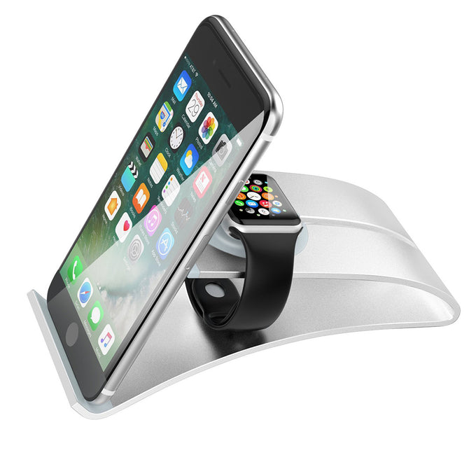 Miimall 3-In-1 Stand for Apple iWatch, Cellphone and Tablet, Portable Charging Stand Dock Station Cradle Holder - Silver