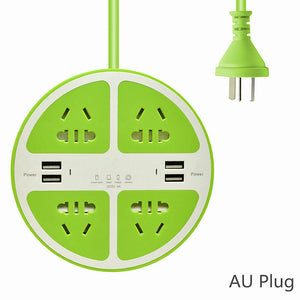 2500W Circle 5-Hole Charger Socket / Power Strip with 4 USB Ports for Household Appliance, Phone, Tablet - Green (AU Plug)