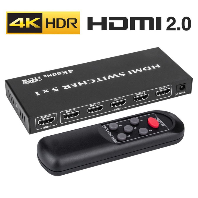 5x1 HDMI 2.0 Switch Switcher with IR Remote, Support UHD 4K 60Hz - EU Plug