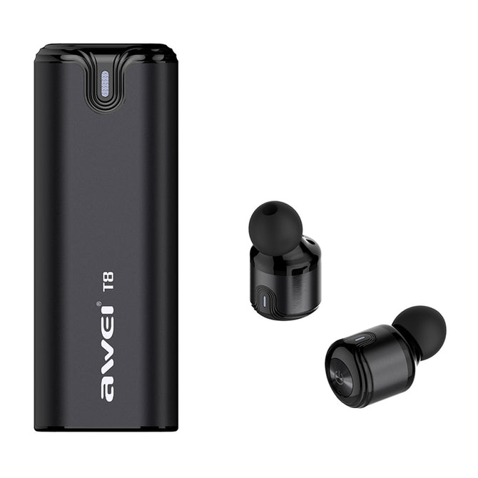 AWEI T8 TWS Bluetooth Earphones with Microphone and Power Bank - Black