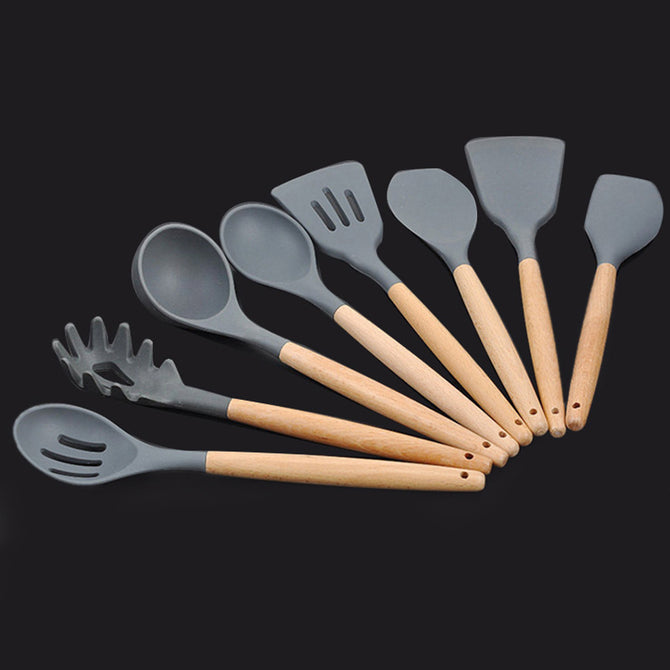 Wood Handle Silicone Cooking Utensils For Kitchen Slotted Turner Spatula Spoon Ladle Spaghetti Tools Cooking Sets (8PCS / Set)