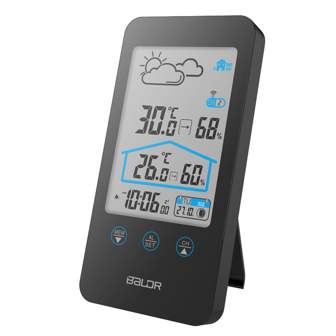 Baldr Digital Weather Station Wireless Sensor Hygrometer Alarm Wall Clock Temperature Forecast Moon Phase Thermometer - Black