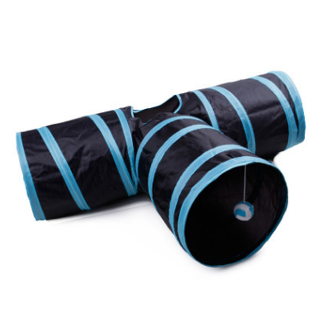 Foldable 3 Holes Pet Cat Kitten Rabbit Tunnel Toy for Indoor Outdoor Playing Training Funny Toy - Blue + Black