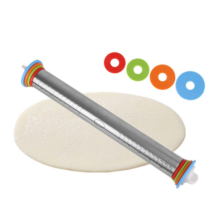 Stainless Steel Rolling Pin with 4 Adjustable Discs Non-Stick Removable Rings for Dough Dumplings Noodles Pizza Making