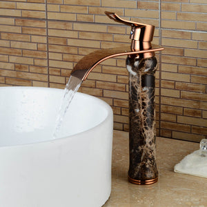 F-0801 Contemporary Brass Waterfall Ceramic Valve One Hole Rose Gold Bathroom Sink Faucet w/ Single Handle