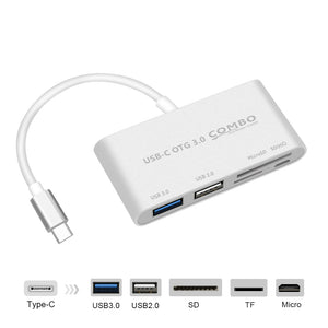 Measy 6-in-1 High Speed USB Hub w/ Micro SD/SD TF Memory Card Reader, USB Cable OTG (Type C) for PC Laptop Macbook - Silver