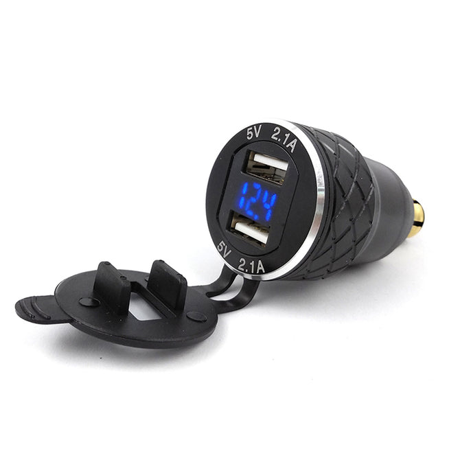 Eastor Aluminum Metal Shell Dual USB Charger w/ 4.2A Blue Light Voltmeter for BMW Motorcycle - Black
