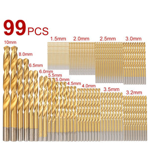 99-Piece 1.5-10mm High Speed Steel Titanium Coated Twist Drilling Bits Kit for Cordless Screwdriver