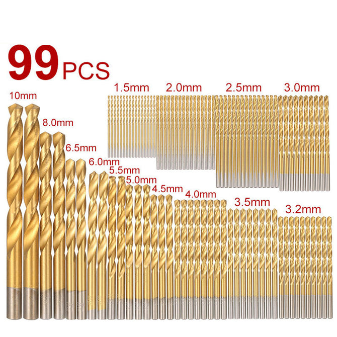 99-Piece 1.5-10mm High Speed Steel Titanium Coated Twist Drilling Bits Kit for Cordless Screwdriver