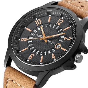 Hannah Martin 1601 Fashion Men's PU Leather Strap Quartz Analog Wrist Watch with Date Display - Brown + Black