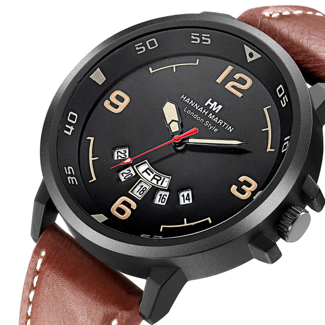 Hannah Martin 1602 Fashion Men's PU Leather Strap Quartz Analog Wrist Watch with Date Display - Brown + Black