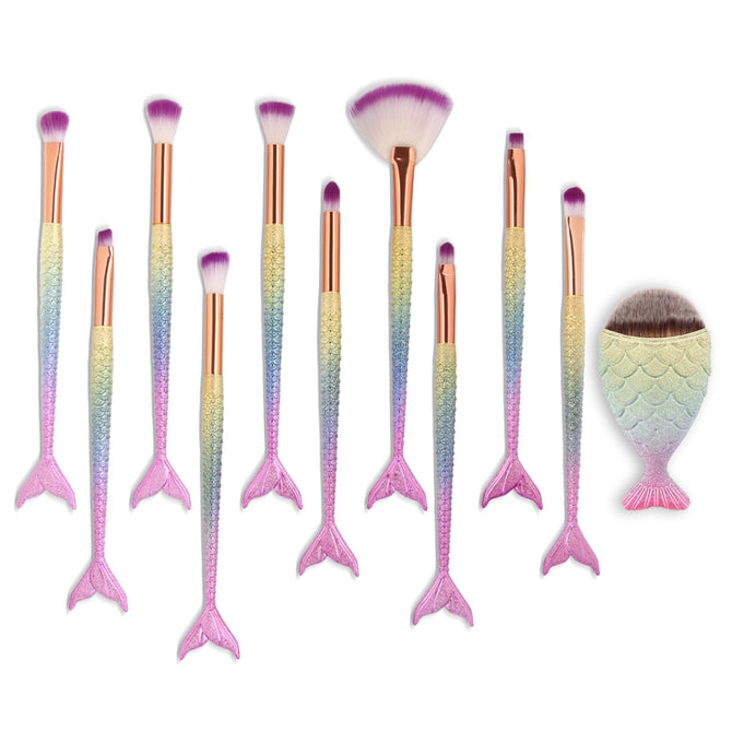 MAANGE 11Pcs Mermaid Tail Style Make Up Brushes Foundation Eyebrow Eyeliner Blush Cosmetics Tools - 3D Color
