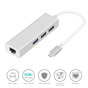 Measy USB-C Ethernet Rj45 Lan Adapter, 3-Port USB Type-C Hub with 10/100/1000Mbps Gigabit Ethernet USB 3.0 Network Card - Silver