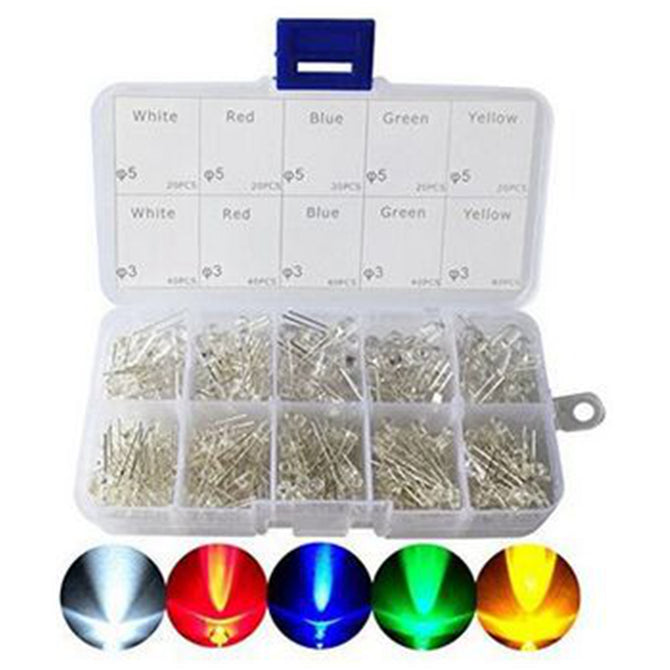 ESAMACT300PC/Lot 3mm 5mm Led Kit with Box, Mixed Color Red Green Yellow Blue White Light Emitting Diode Assortment