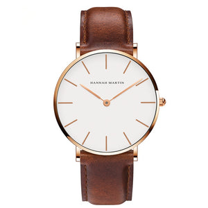 Hannah Martin CB01 Unisex Ultra-thin Japanese Movement 30m Waterproof PU Leather Strap Wrist Watch - Brown + Golden