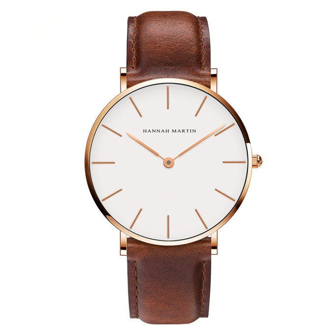 Hannah Martin CB01 Unisex Ultra-thin Japanese Movement 30m Waterproof PU Leather Strap Wrist Watch - Brown + Golden