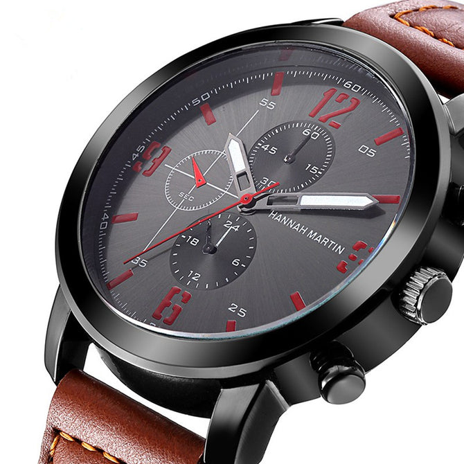 Hannah Martin 2012 Fashion 30M Waterproof Men's PU Leather Strap Quartz Watch w/ 3 Decorative Dial - Brown