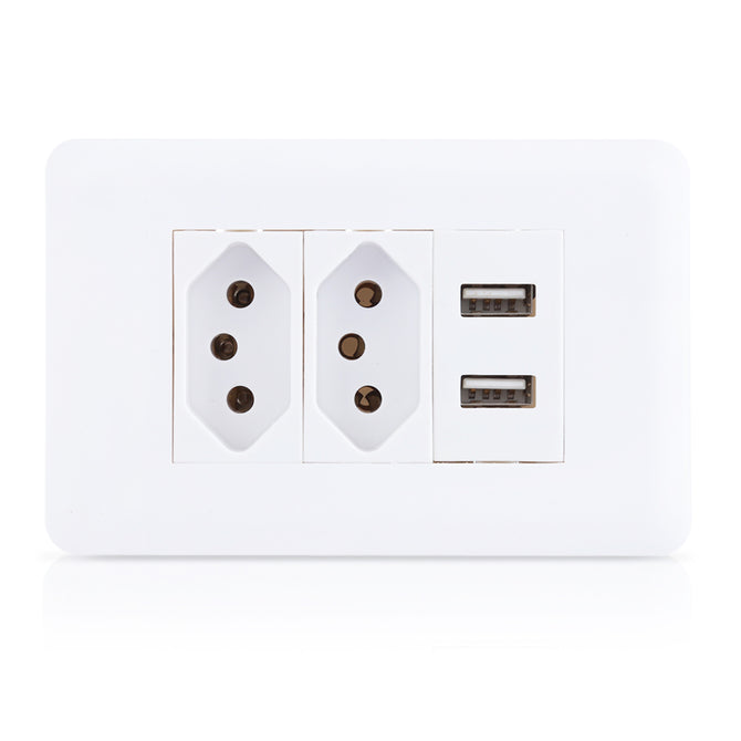 Brazil / Switzerland Power Strip, Socket Panel w/ 2 USB Ports for Home, Office - White