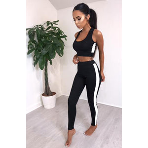Women's Sports Vest Sleeveless Top + Trousers Pants Clothes Clothing Set Sportswear - Black (M)