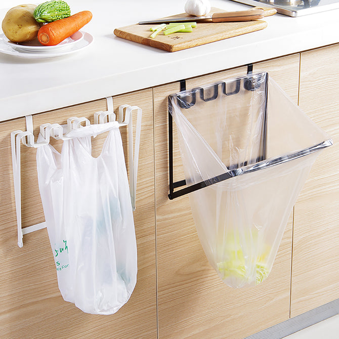 Foldable Sturdy Iron Over Cabinet Door Hanging Garbage Bag Organizer Rack Kitchen Plastic Trash Bag Holder - Black