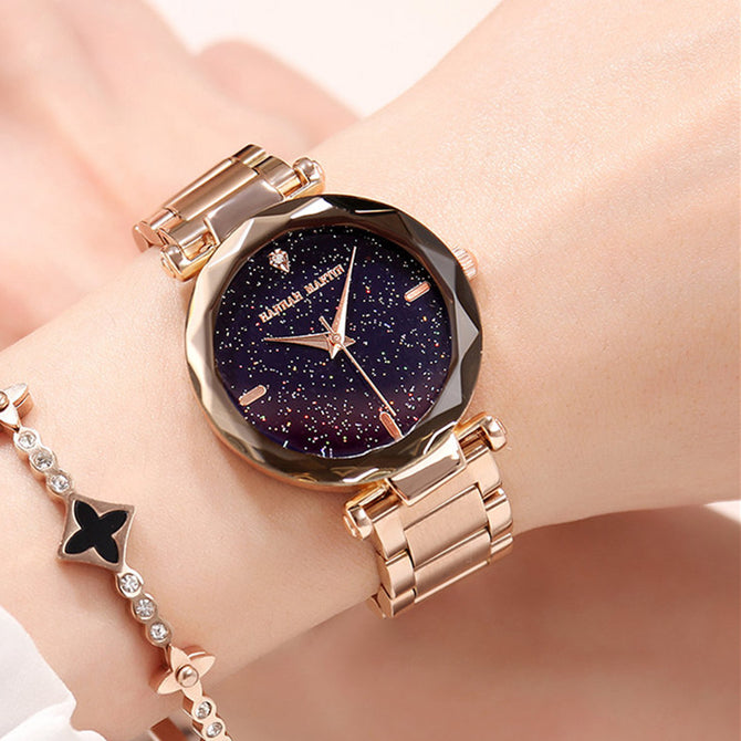 Hannah Martin HM-D2 Women's Quartz Wrist Watch Diamond Shaped Starry Sky Mirror Dial Solid Stainless Steel Strap - Rose Gold