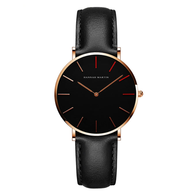 Hannah Martin 1230-HR36 Women's Ultra-thin Japanese Movement 30m Waterproof PU Leather Strap Wrist Watch - Black