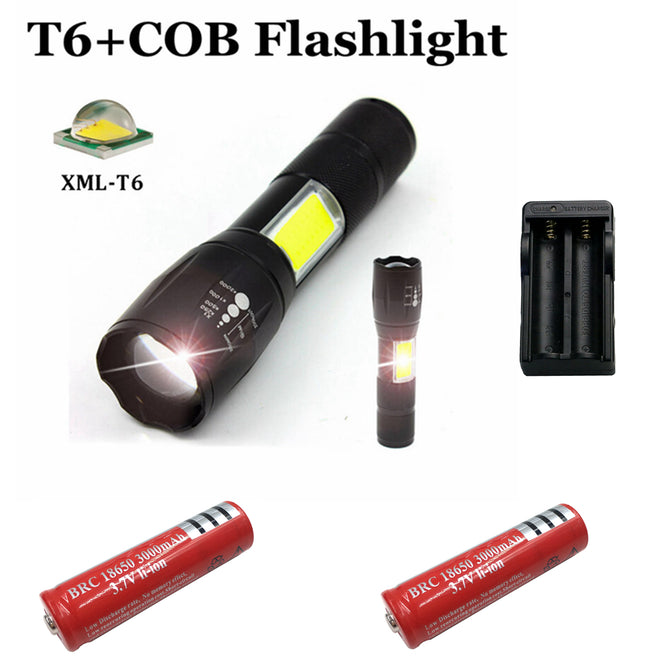 ZHAOYAO 1500lm XM L-T6 + COB 4-Mode White Light Zoomable Tactical Flashlight with 2 x 18650 Red Batteries + EU Power Charger