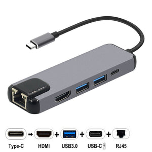 Cwxuan 5-in-1 USB 3.1 Type-C to HDMI 4K & USB 3.0 Hub & Gigabit Ethernet RJ45 Lan With USB-C Charger Port Adapter