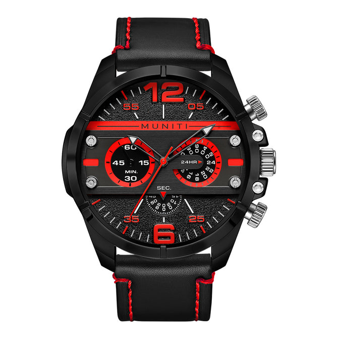 MUNITI 1012G Fashion Men's Sports Style Quartz Watch PU Leather Band 30M Waterproof - Black + Red