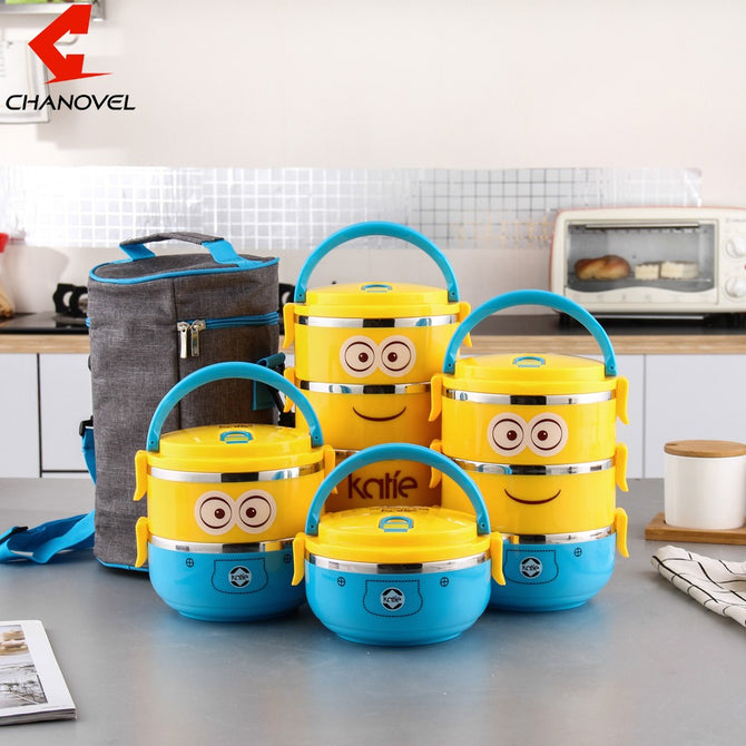 Cute Cartoon Round Lunch Box For Kids, Plastic Tiffin Boxes Thermal Stainless Steel Dinnerware Set Yellow/1