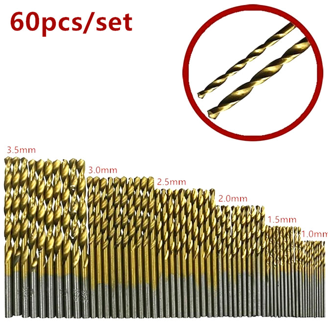 60Pcs 1.0mm-3.5mm HSS Titanized Round Twist Twist Drill Bits
