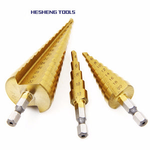 3 Pcs Stepped Drill Bits Hex Shank HSS Titanium Coated Straight Flute Pagoda Wood Tool Hand Drill Bits Set Other/Other/Gold