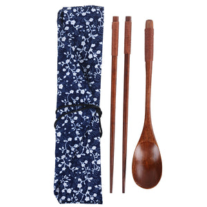 Portable Vintage Wooden Chopsticks Spoon Tableware Set With Blue Cloth Bag For Outdoor Picnic Travel Multi